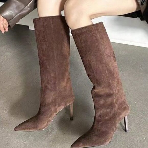 Brown Elegant Women's Pointed Toe High Heel Boots - Picture 2 of 5